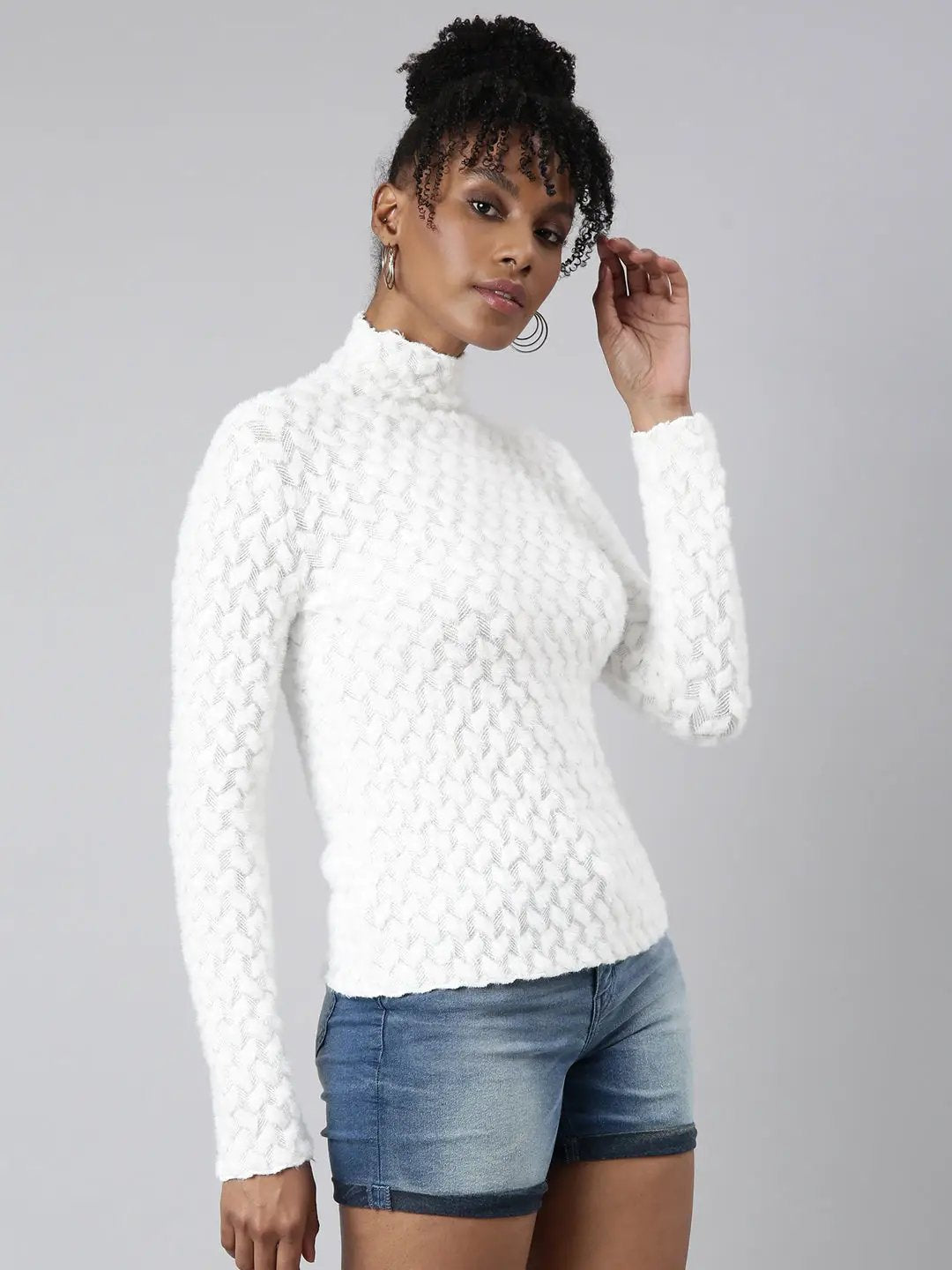 Women's White Self Design Fitted Top