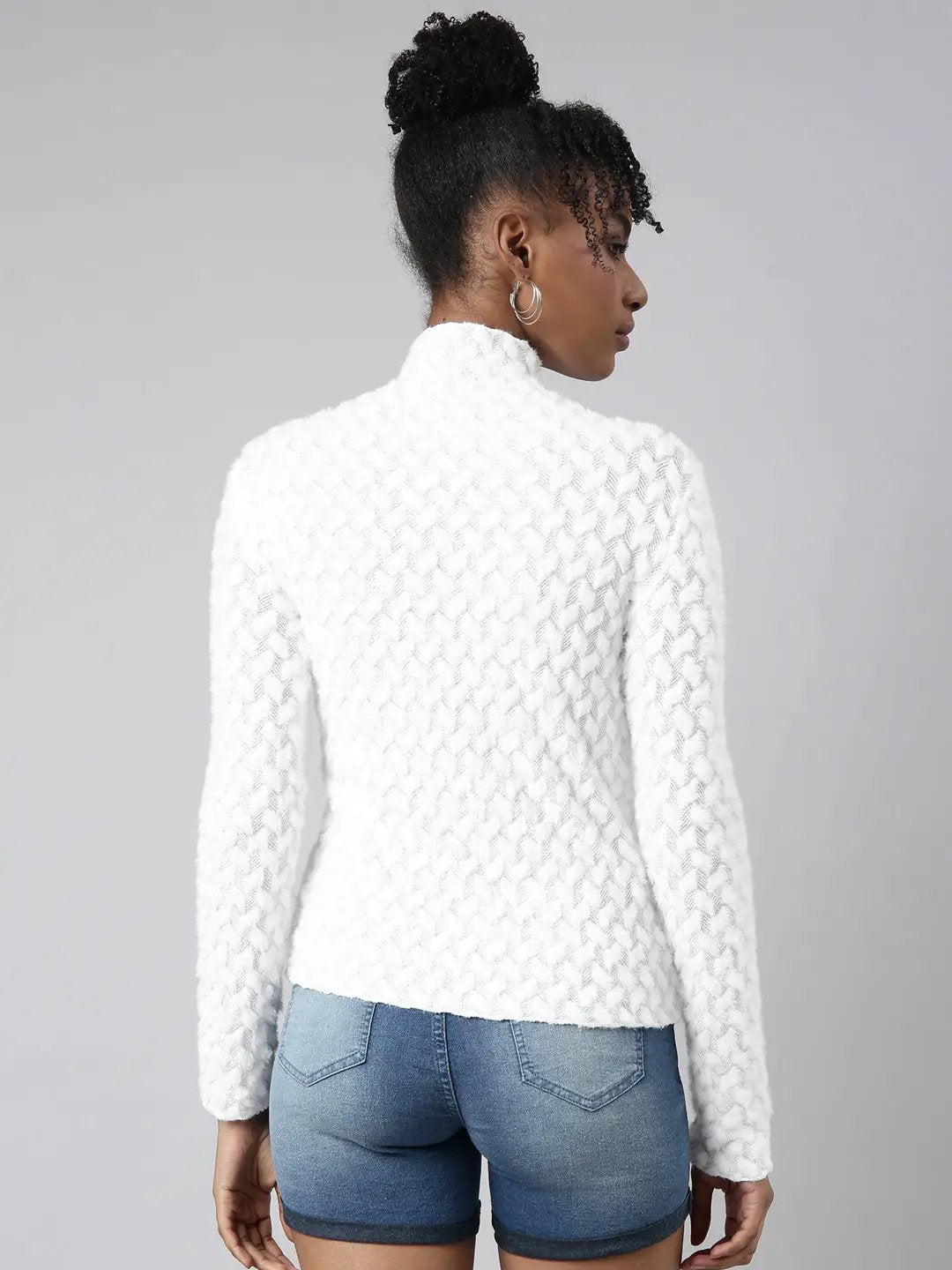 Women's White Self Design Fitted Top