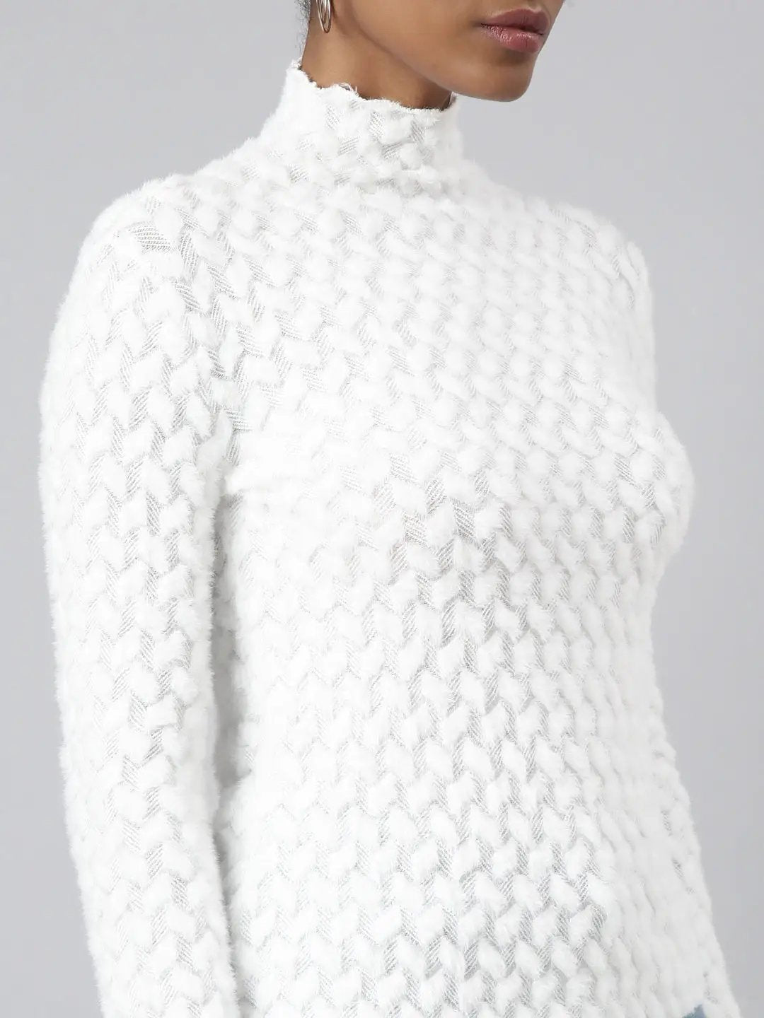 Women's White Self Design Fitted Top