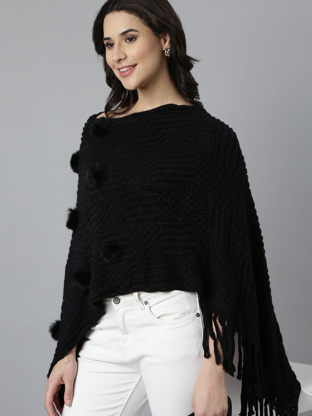 Women Self Design Longline Black Poncho