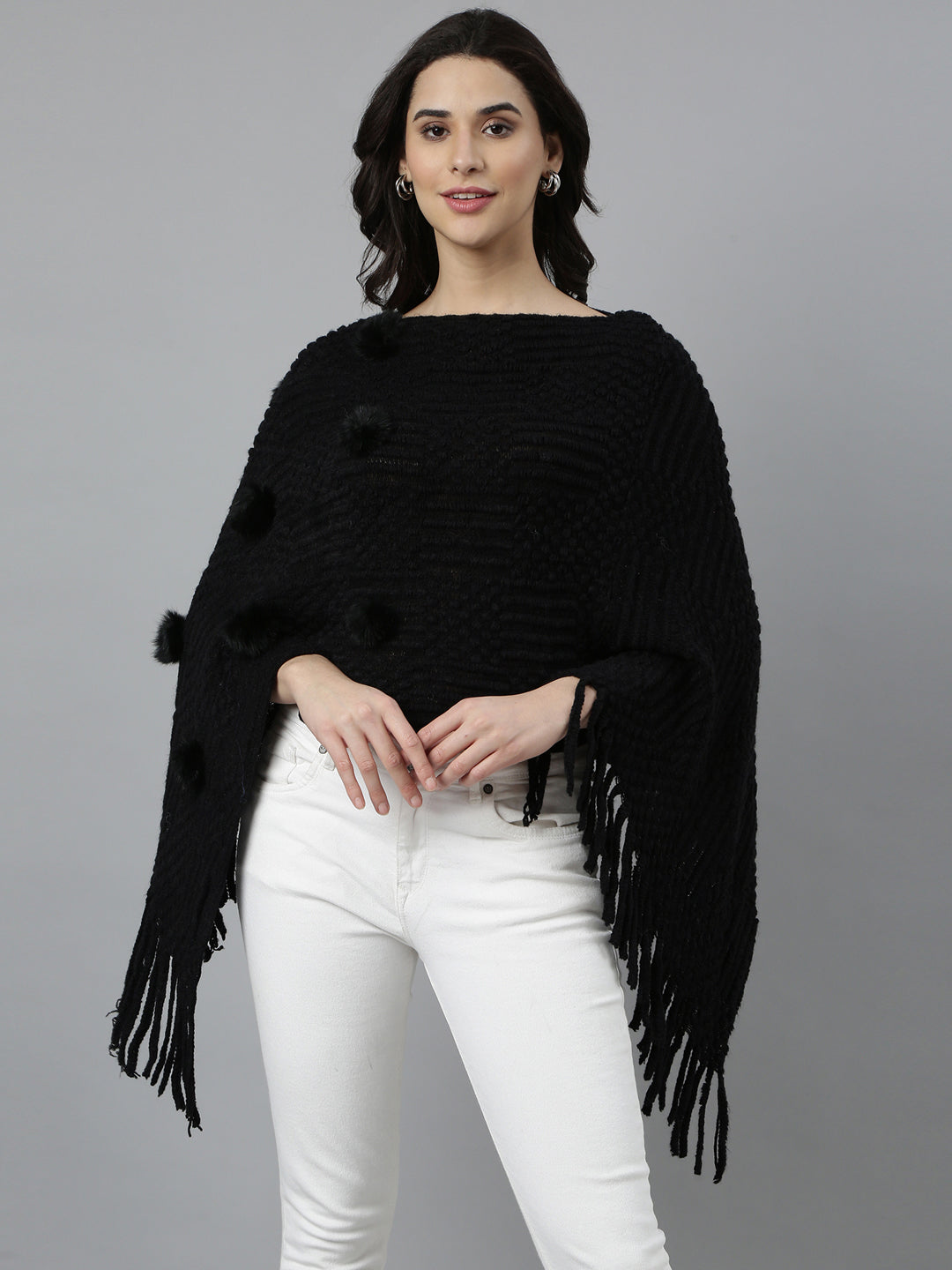 Women Self Design Longline Black Poncho