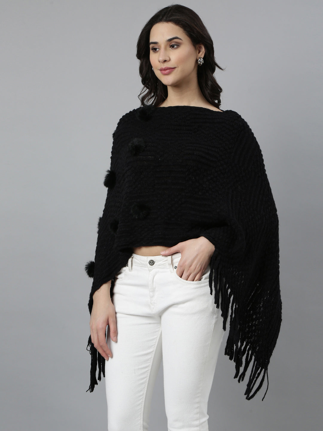 Women Self Design Longline Black Poncho