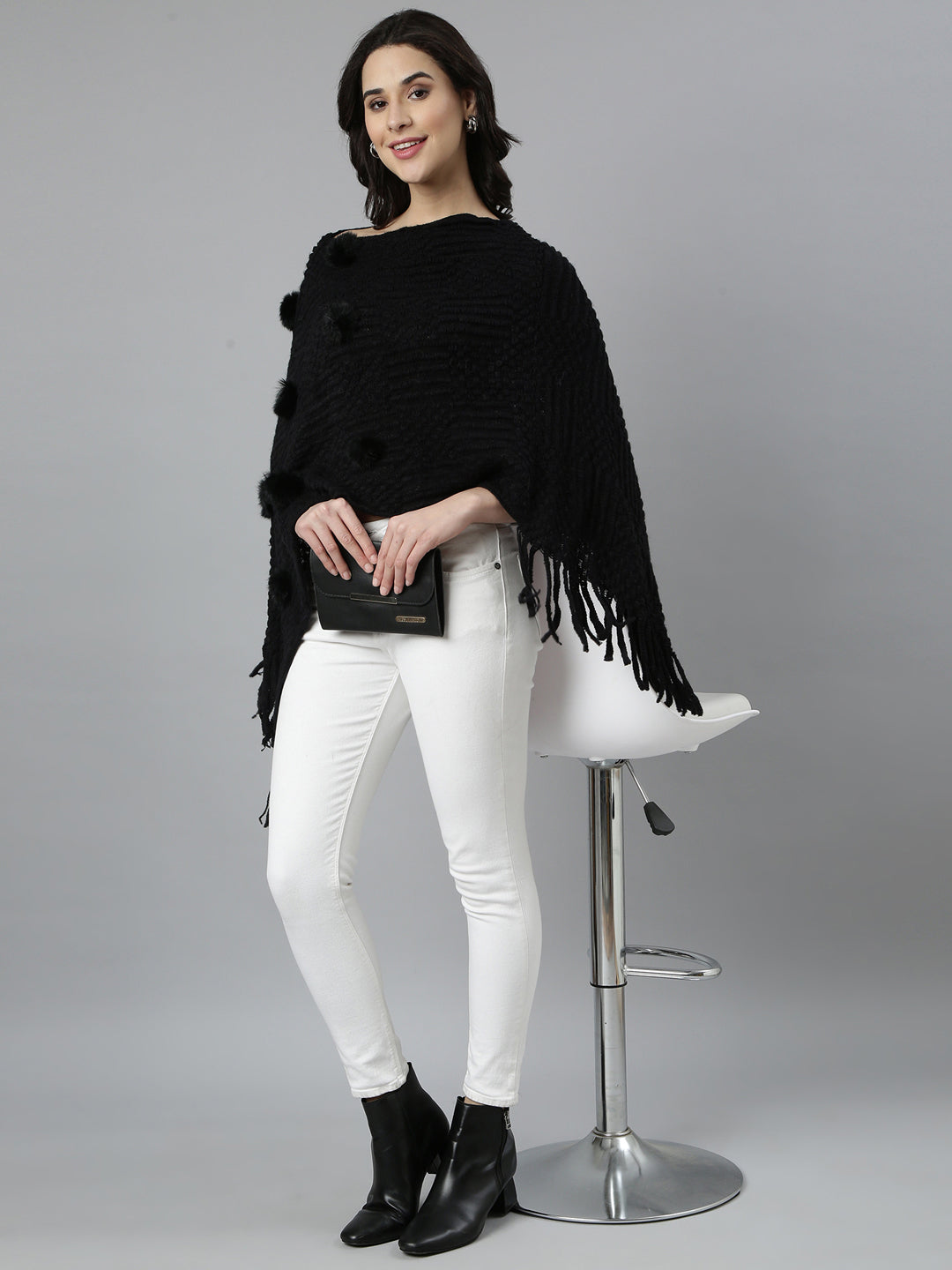 Women Self Design Longline Black Poncho