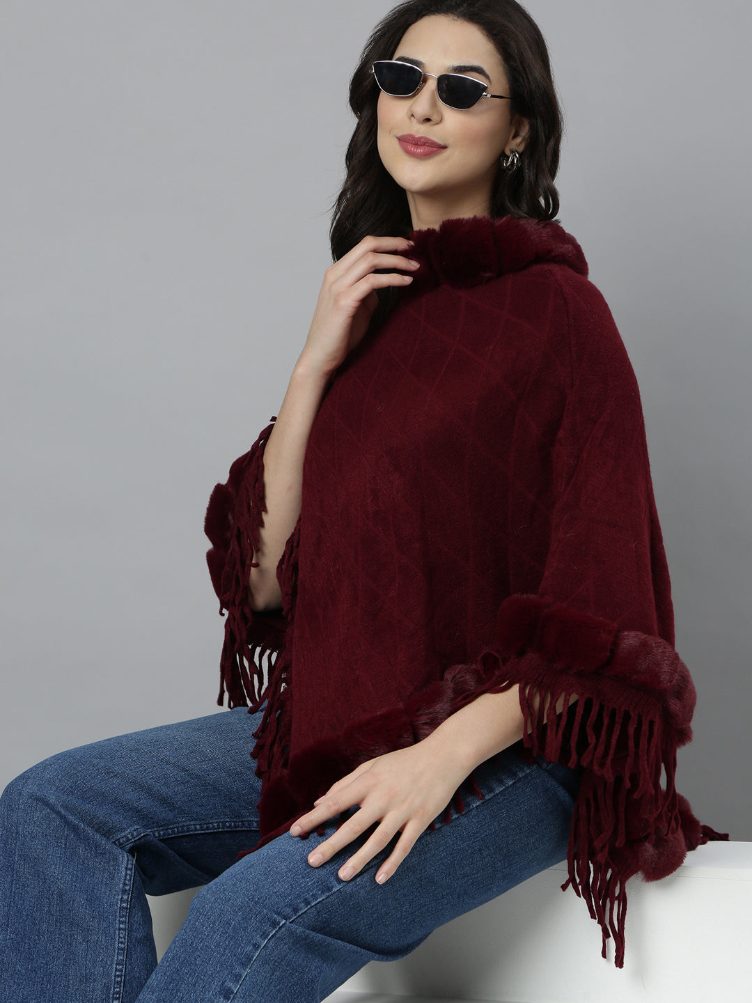 Women Self Design Longline Maroon Poncho