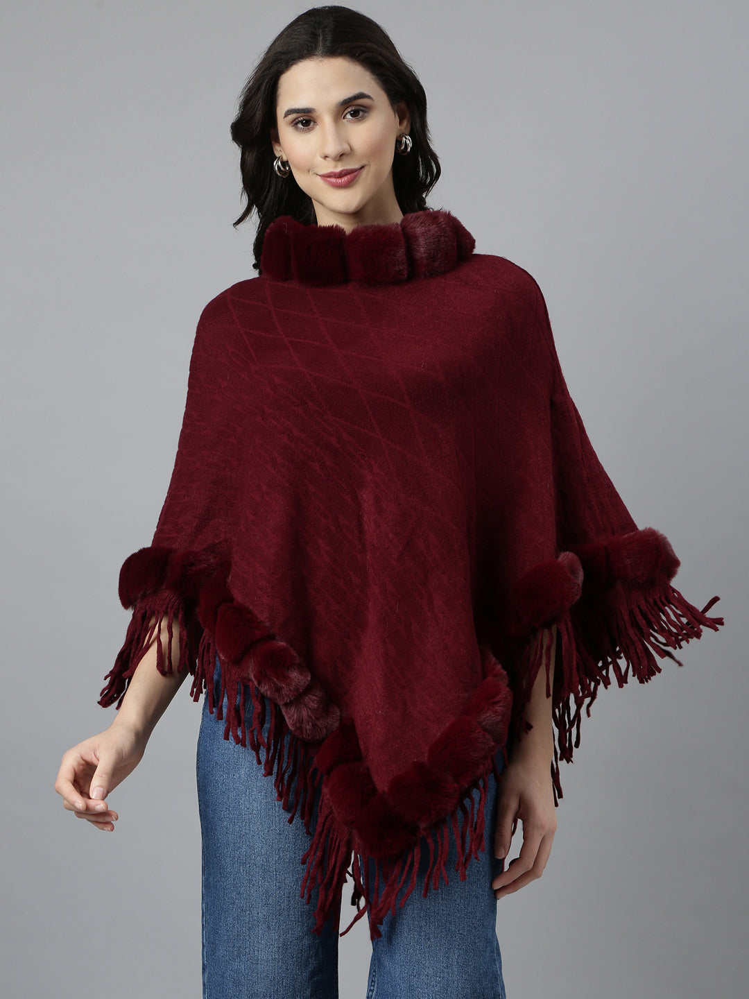 Women Self Design Longline Maroon Poncho