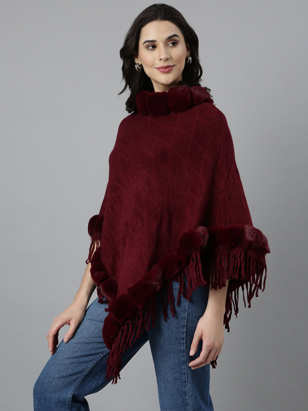 Women Self Design Longline Maroon Poncho