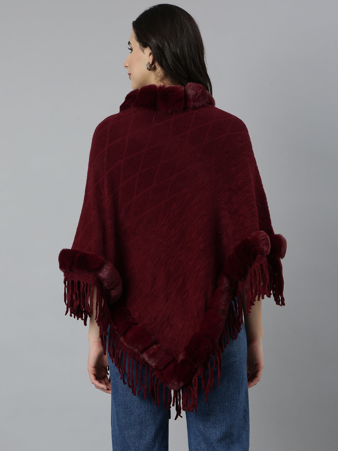 Women Self Design Longline Maroon Poncho