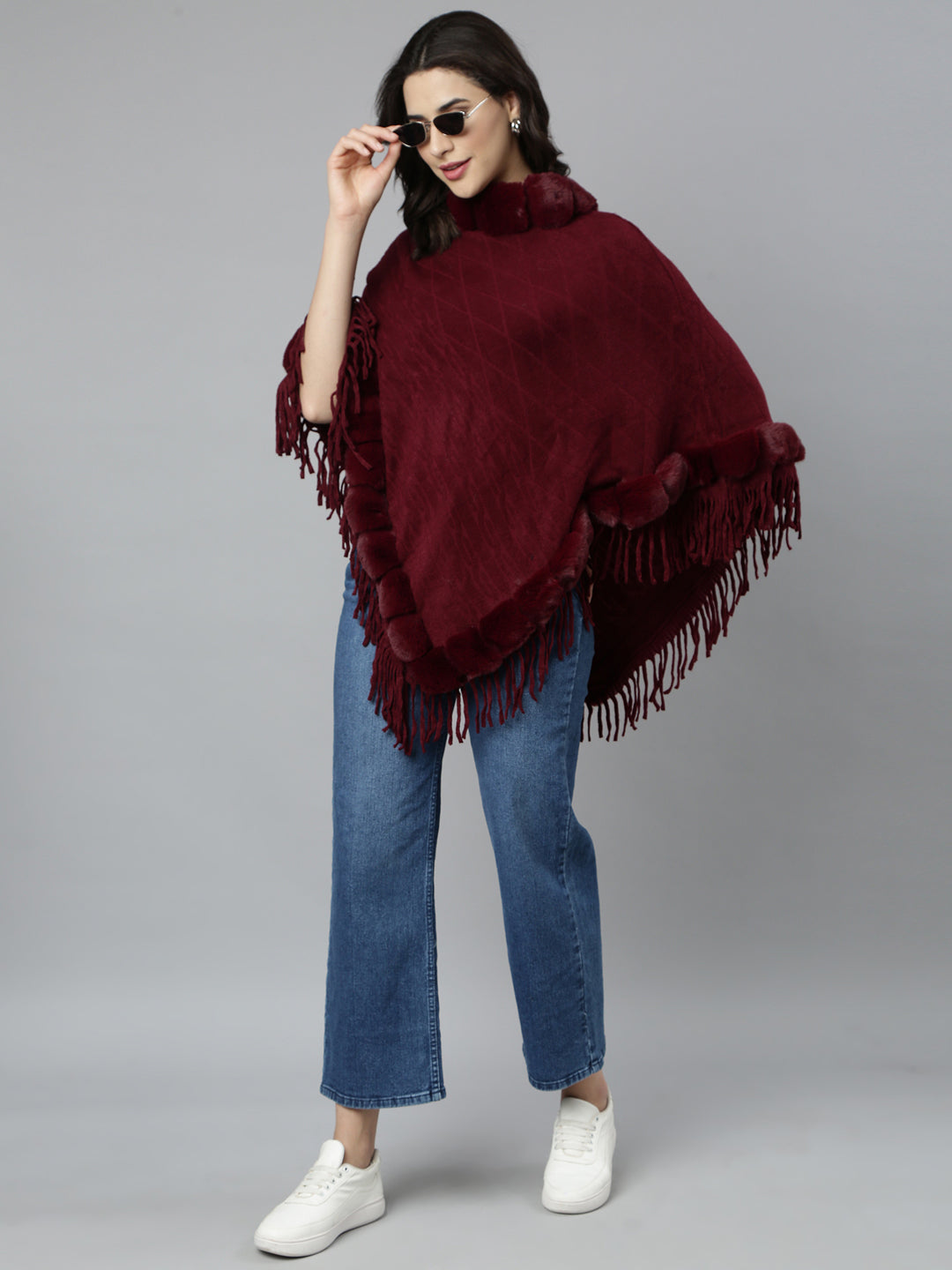 Women Self Design Longline Maroon Poncho