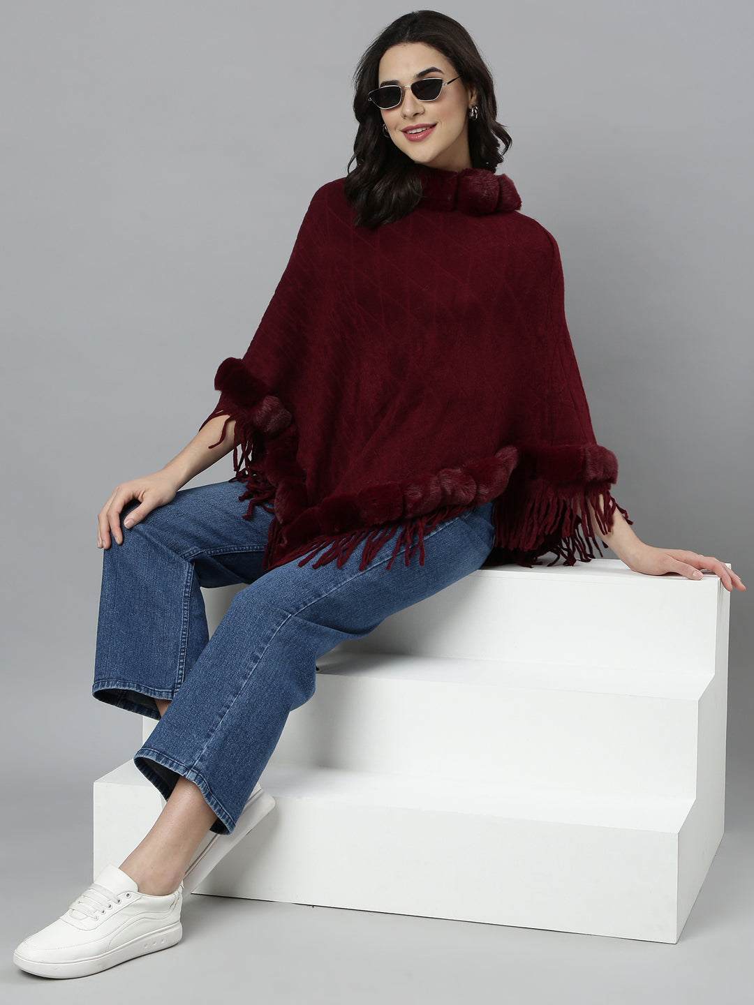 Women Self Design Longline Maroon Poncho