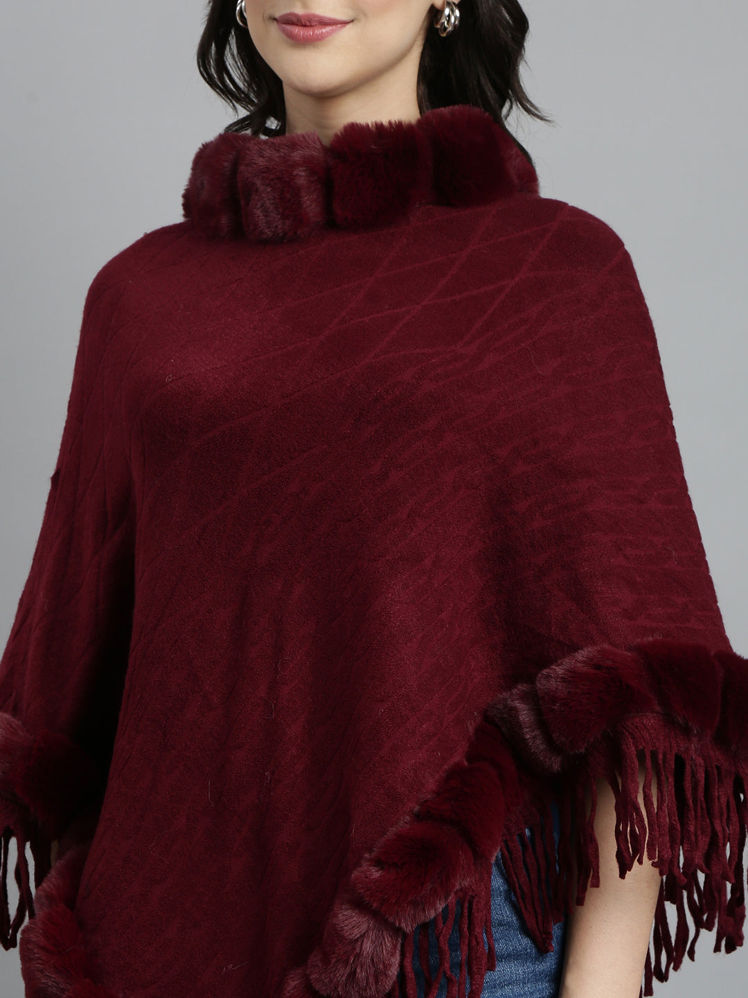 Women Self Design Longline Maroon Poncho