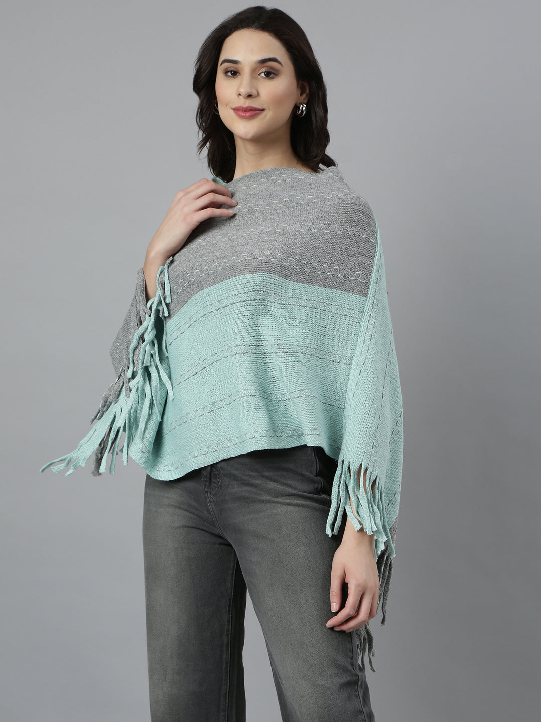 Women's Colourblocked Longline Sea Green Poncho