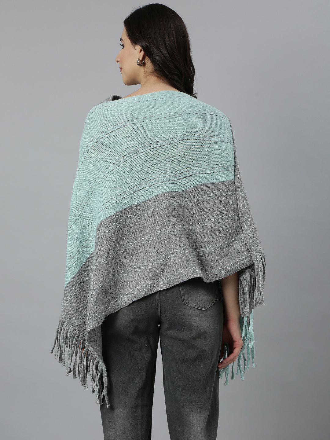 Women's Colourblocked Longline Sea Green Poncho
