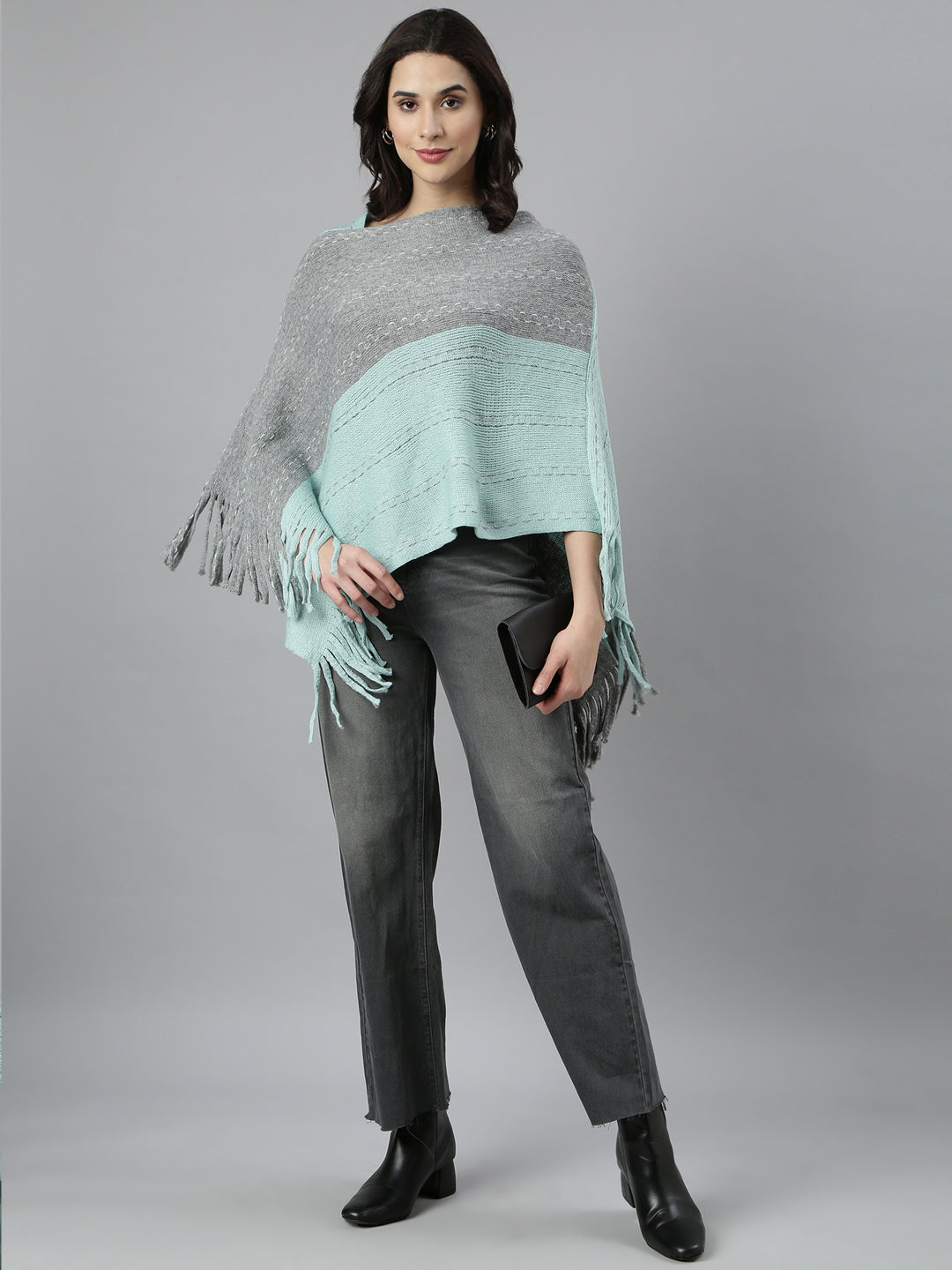 Women's Colourblocked Longline Sea Green Poncho