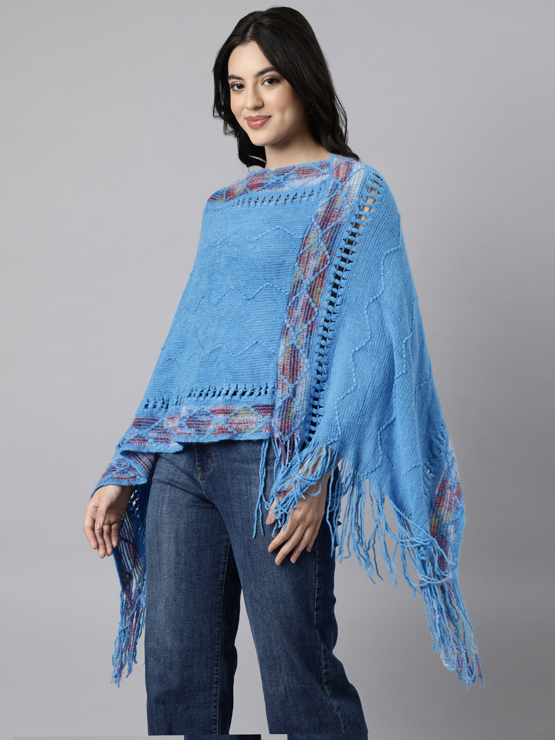 Women's Chevron Longline Blue Poncho