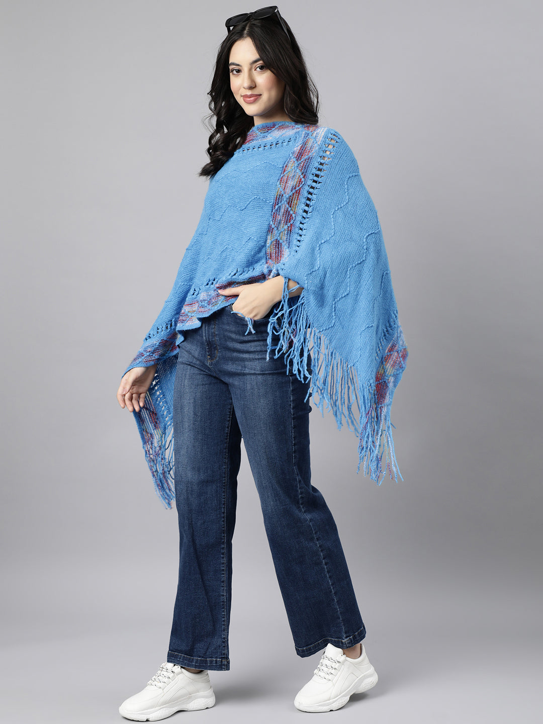 Women's Chevron Longline Blue Poncho