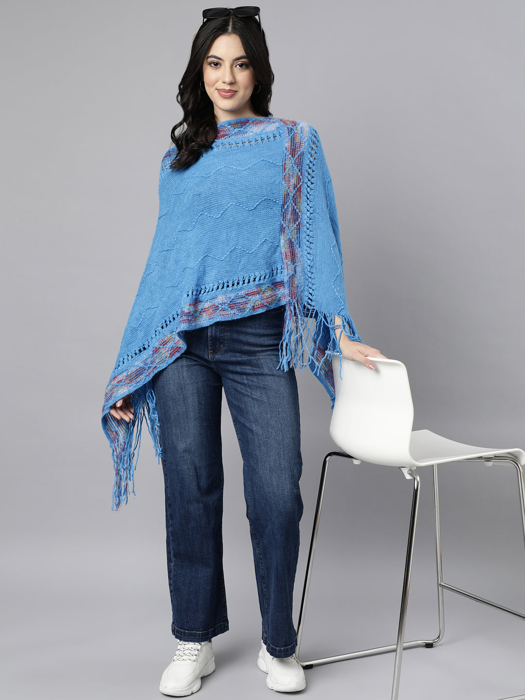 Women's Chevron Longline Blue Poncho