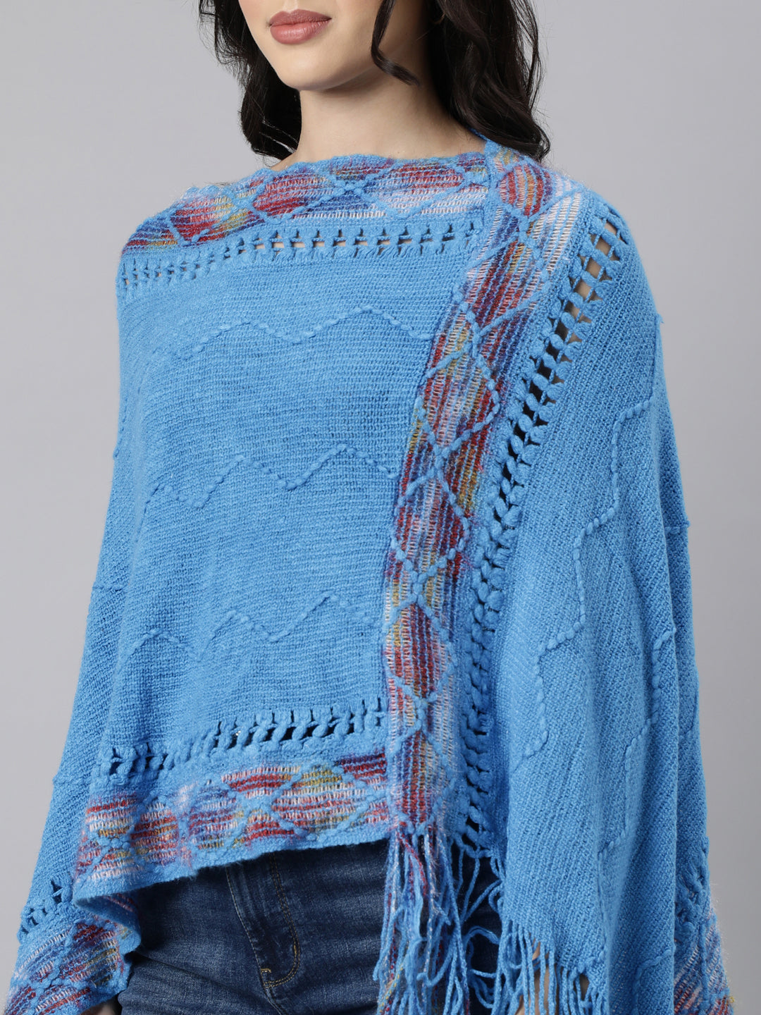 Women's Chevron Longline Blue Poncho