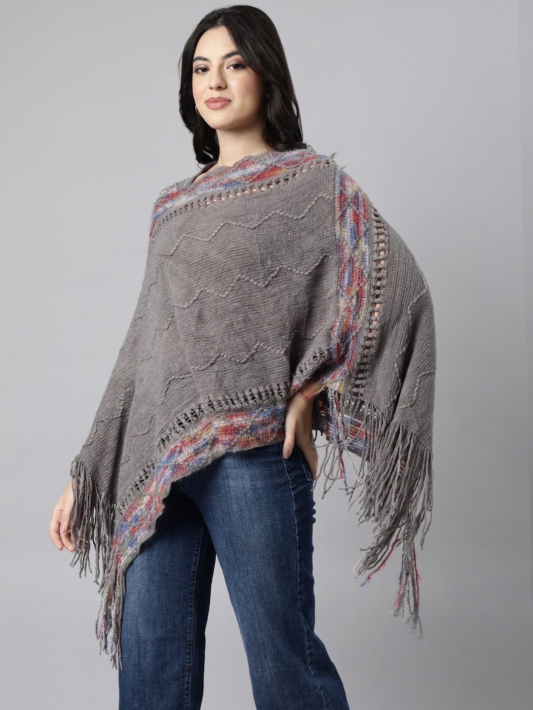 Women's Chevron Longline Grey Poncho
