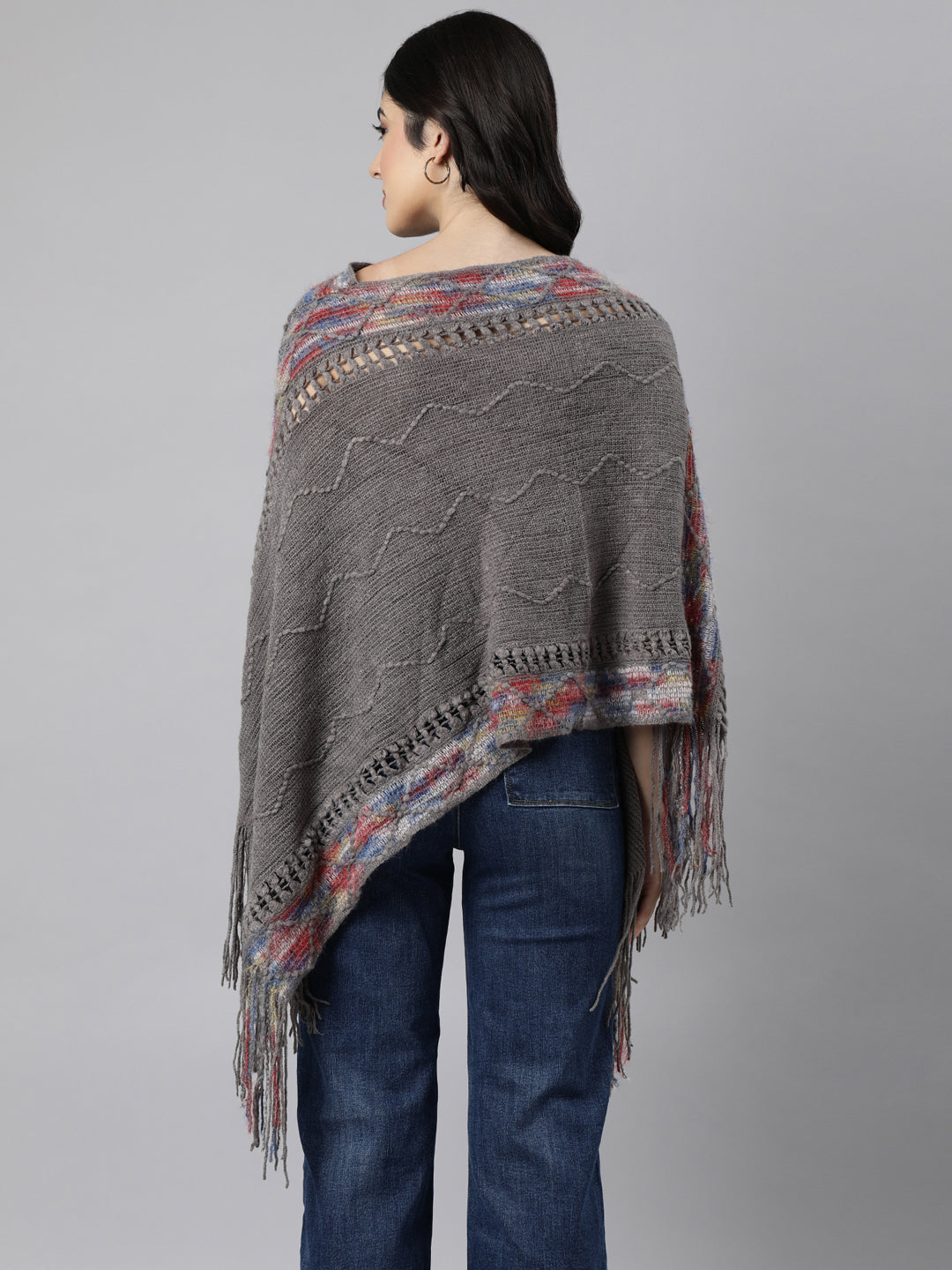 Women's Chevron Longline Grey Poncho