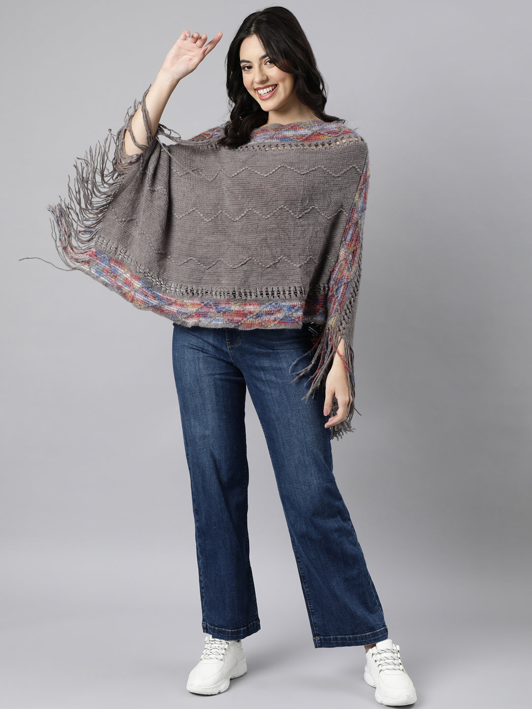Women's Chevron Longline Grey Poncho