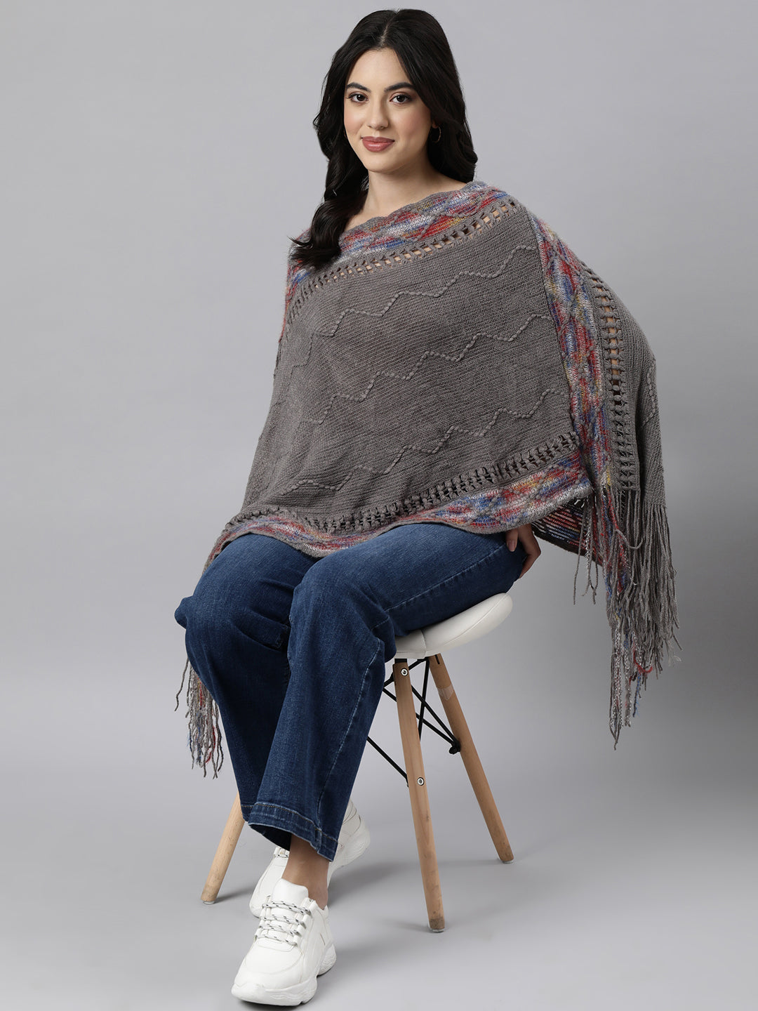 Women's Chevron Longline Grey Poncho