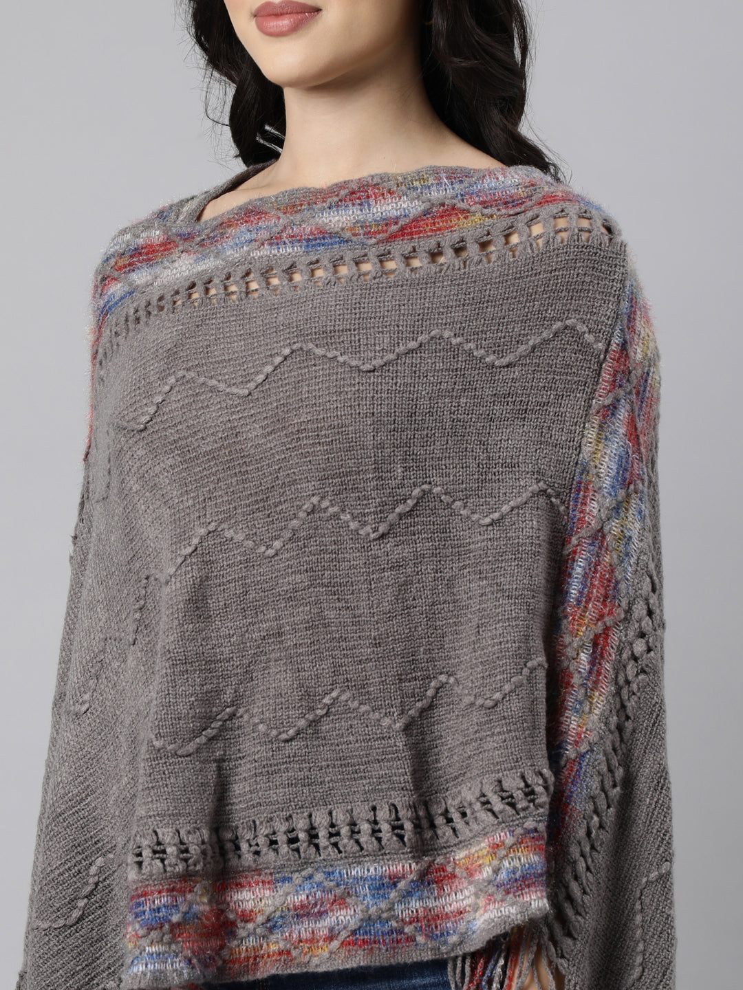 Women's Chevron Longline Grey Poncho