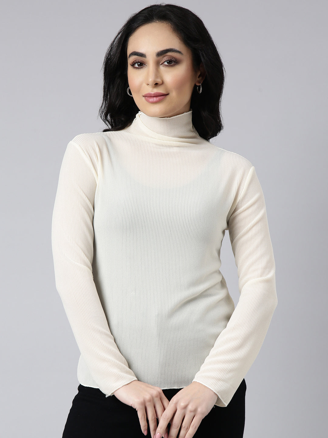 Women Cream Solid Fitted Top