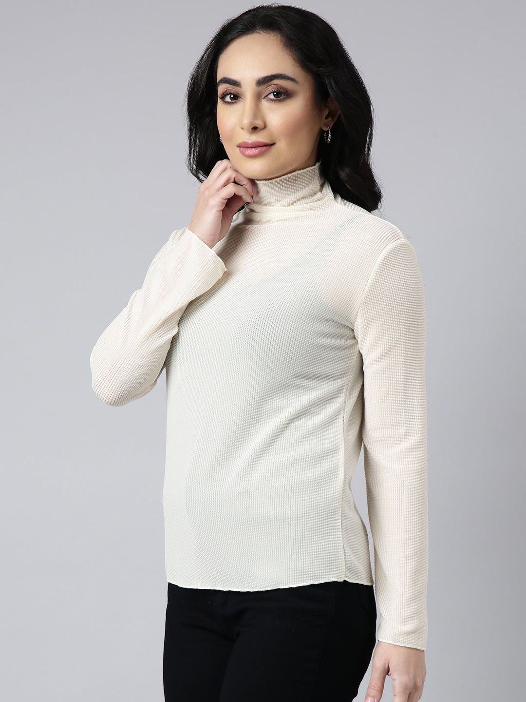 Women Cream Solid Fitted Top