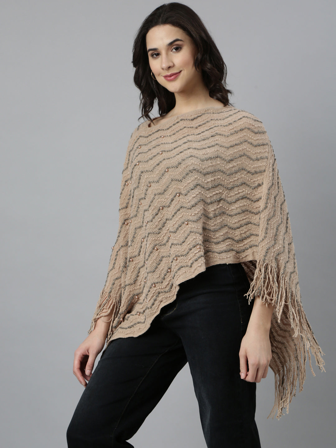 Women's Chevron Longline Beige Poncho