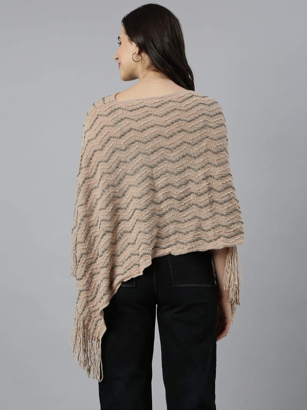Women's Chevron Longline Beige Poncho