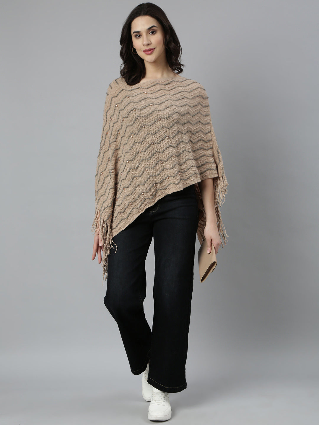 Women's Chevron Longline Beige Poncho