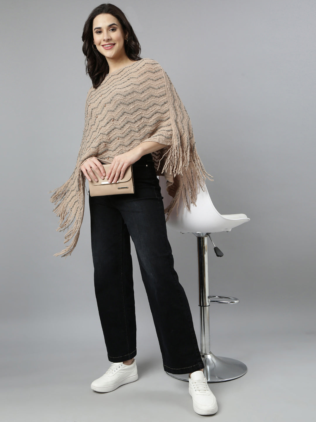 Women's Chevron Longline Beige Poncho