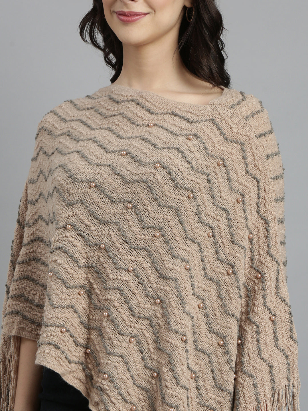 Women's Chevron Longline Beige Poncho