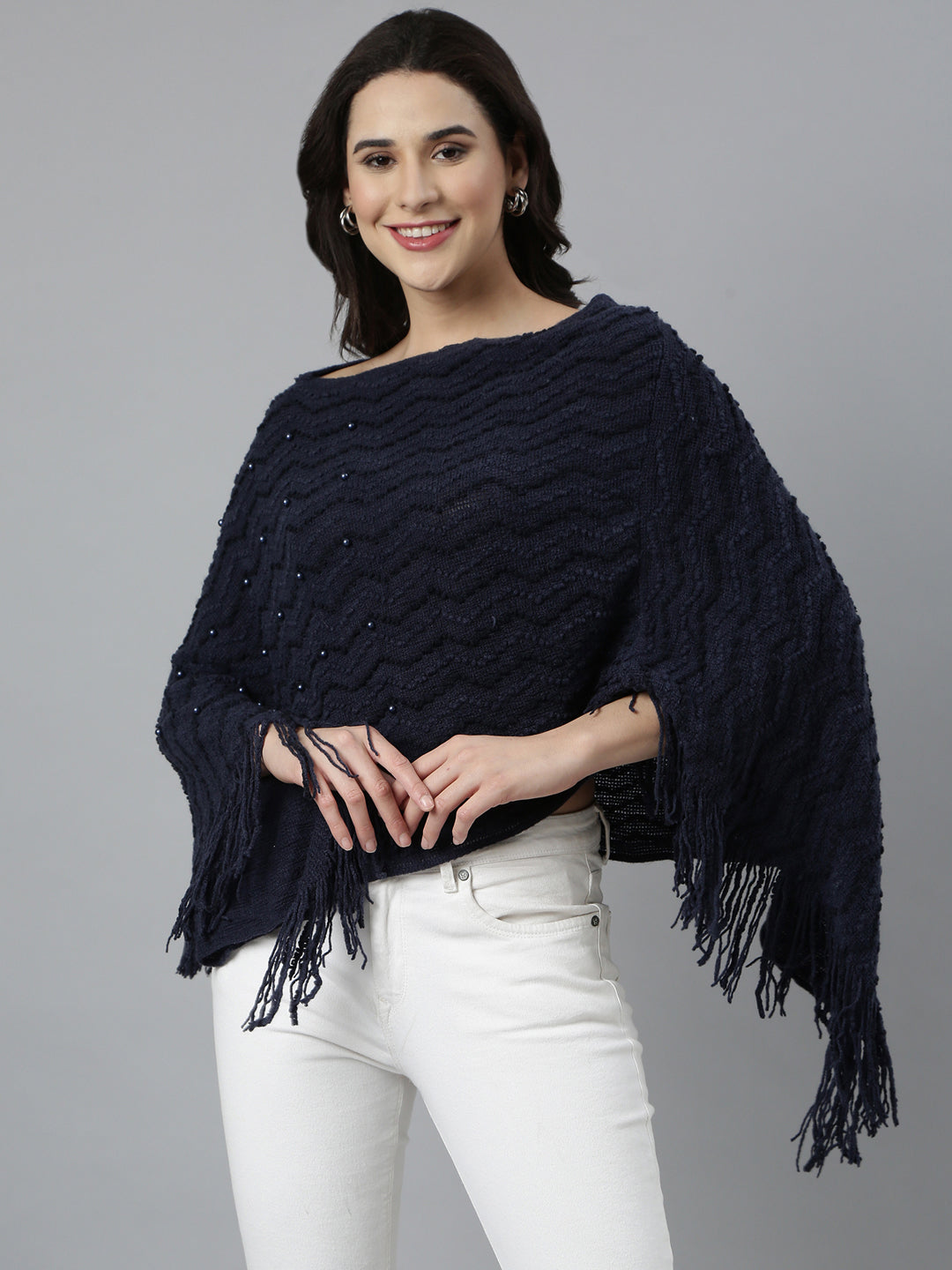 Women Chevron Longline Navy Blue Poncho