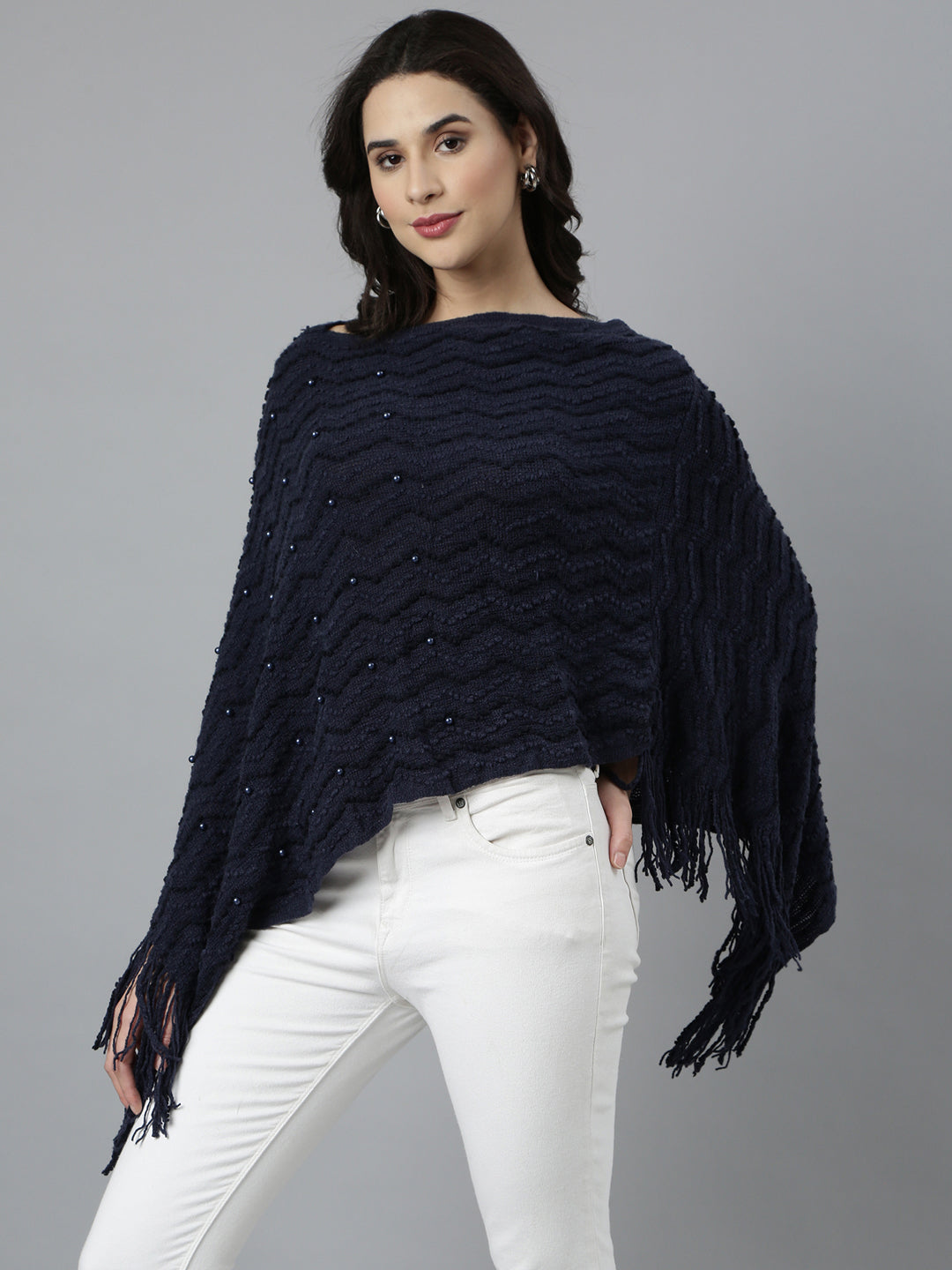 Women Chevron Longline Navy Blue Poncho