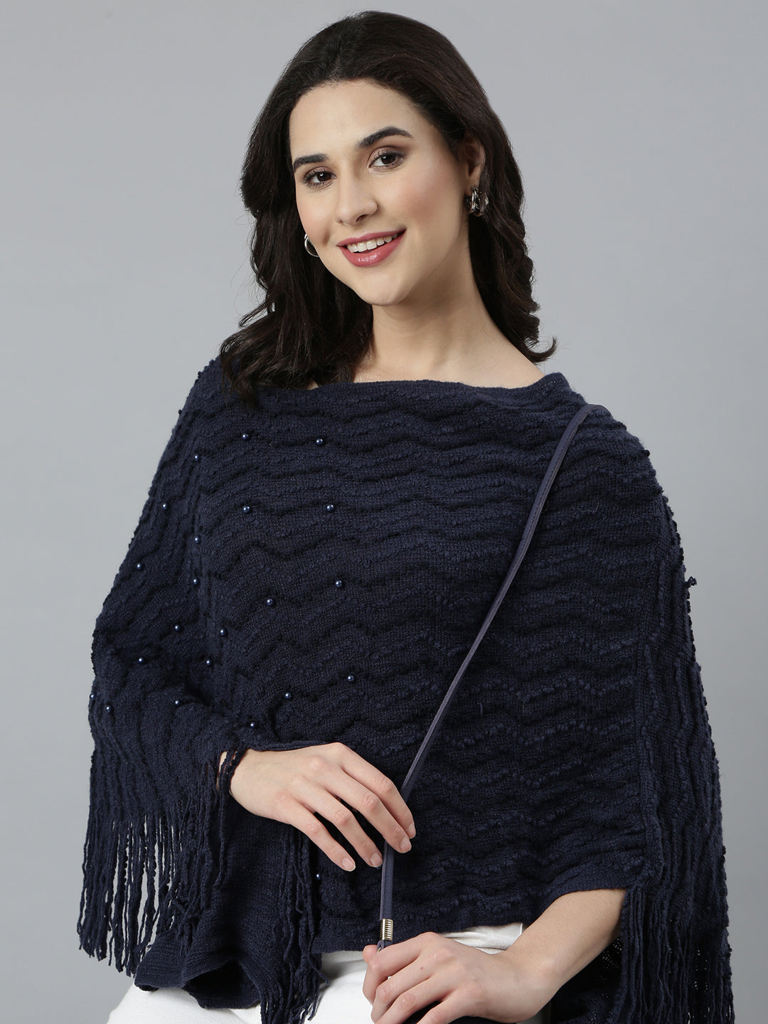 Women Chevron Longline Navy Blue Poncho