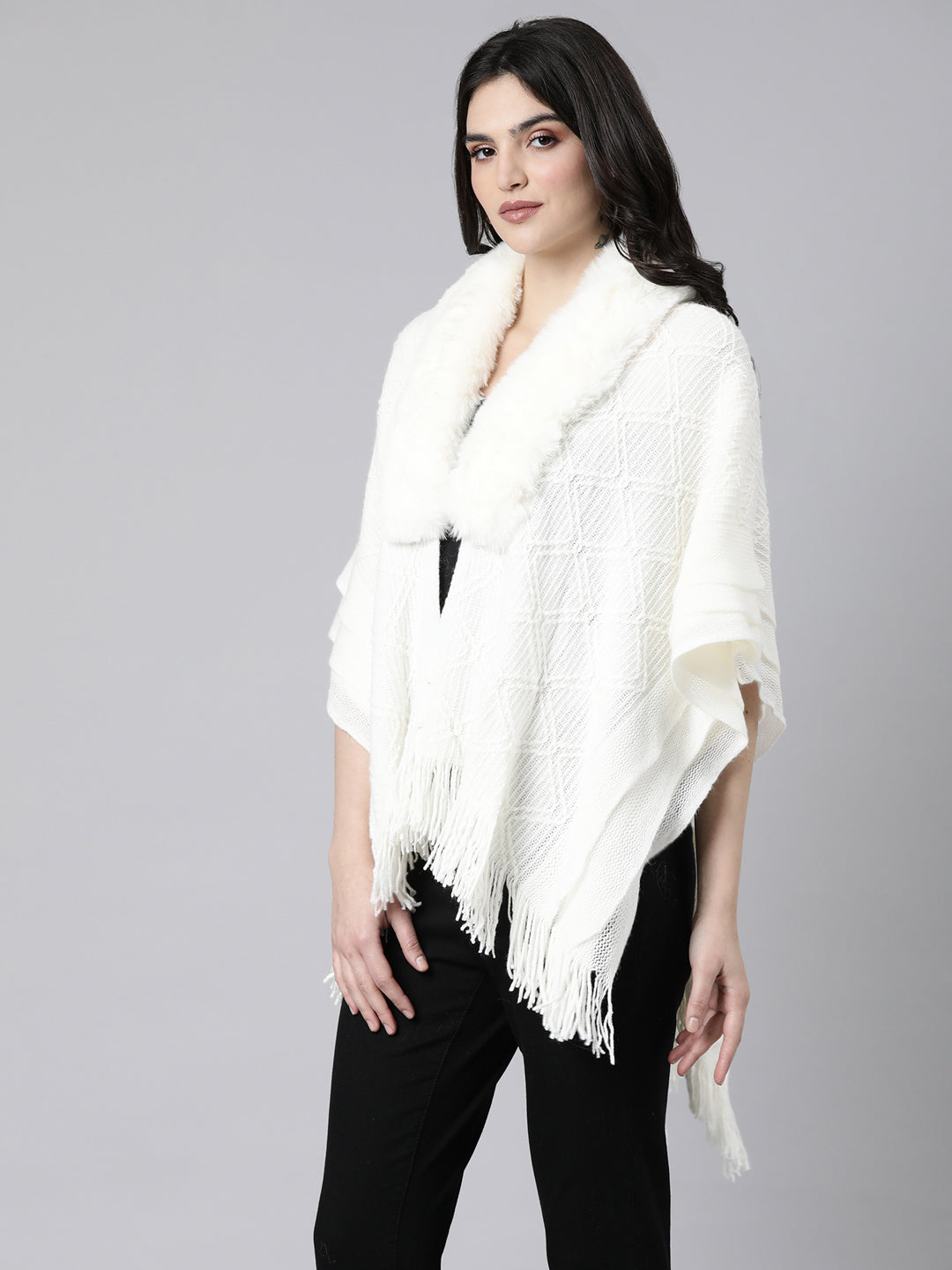 Women's Chevron Longline Cream Poncho