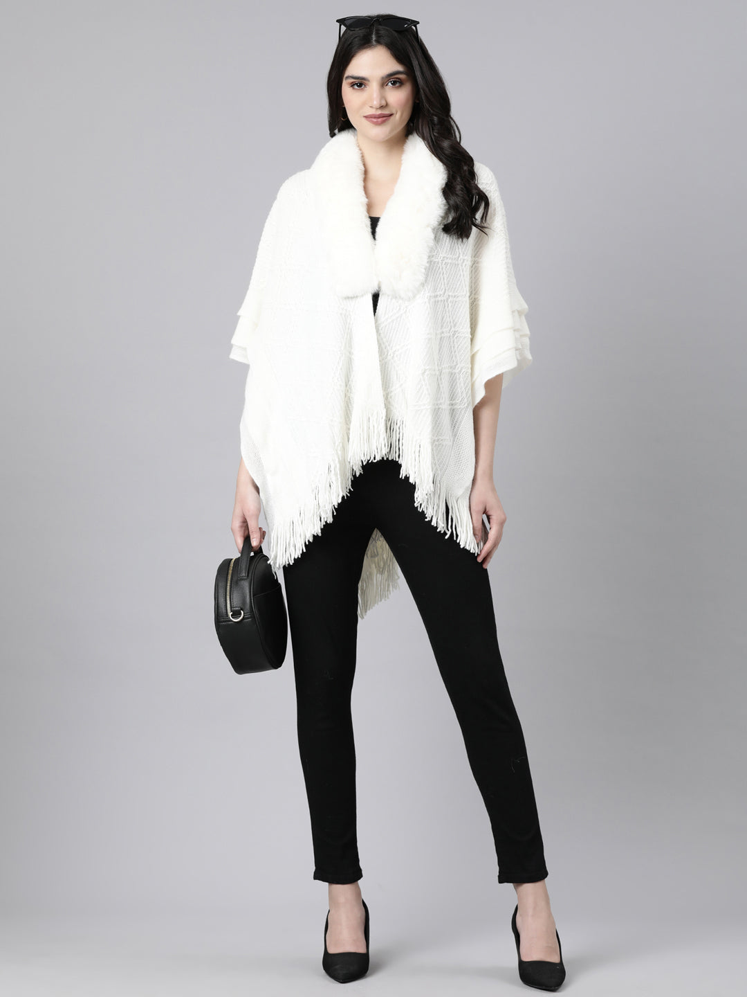 Women's Chevron Longline Cream Poncho