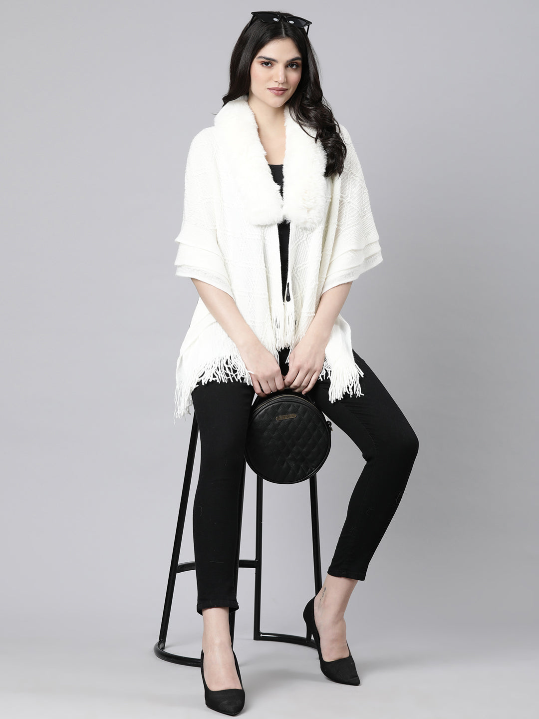 Women's Chevron Longline Cream Poncho