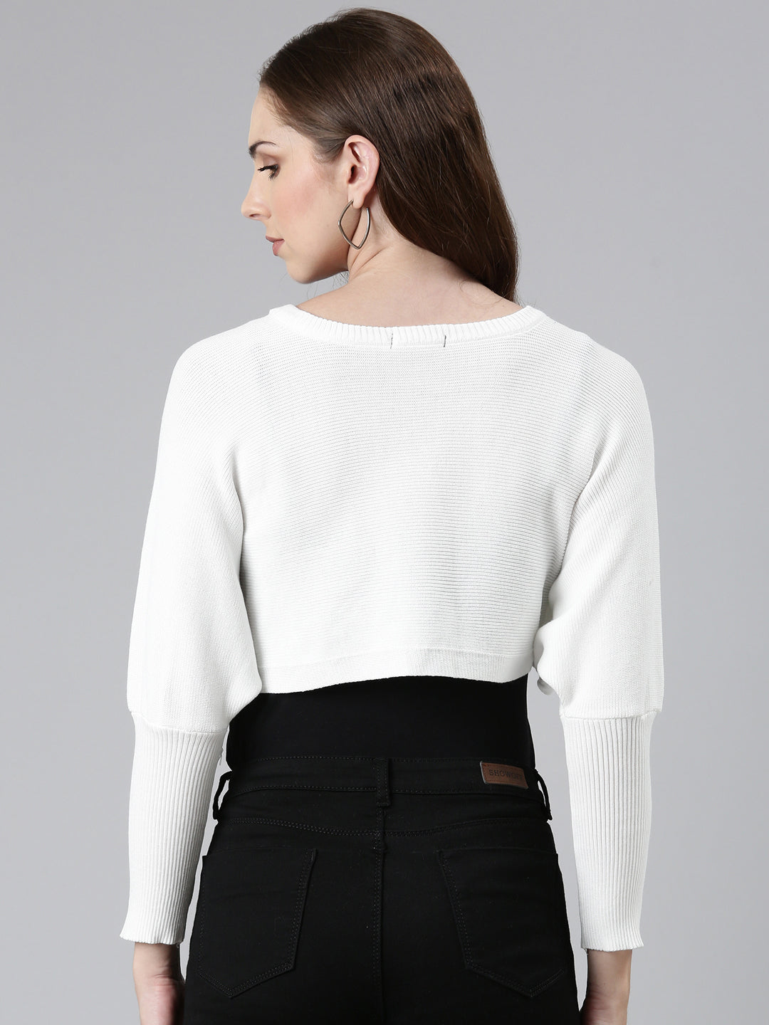 Women White Solid Front-Open Crop Sweater