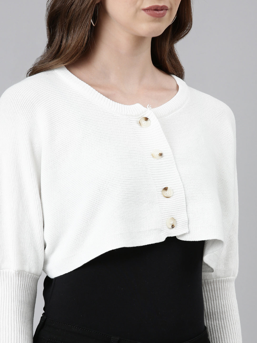 Women White Solid Front-Open Crop Sweater