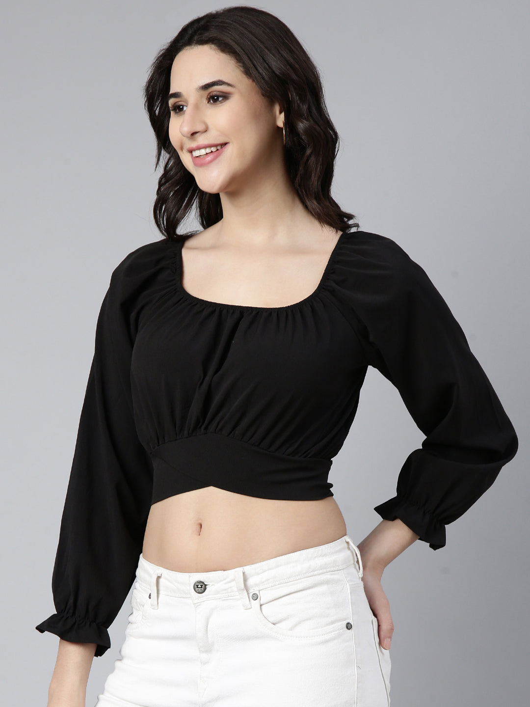 Women Solid Black Blouson Crop Top