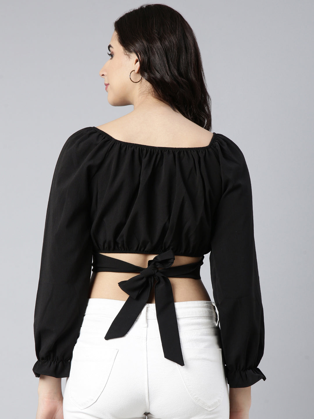 Women Solid Black Blouson Crop Top