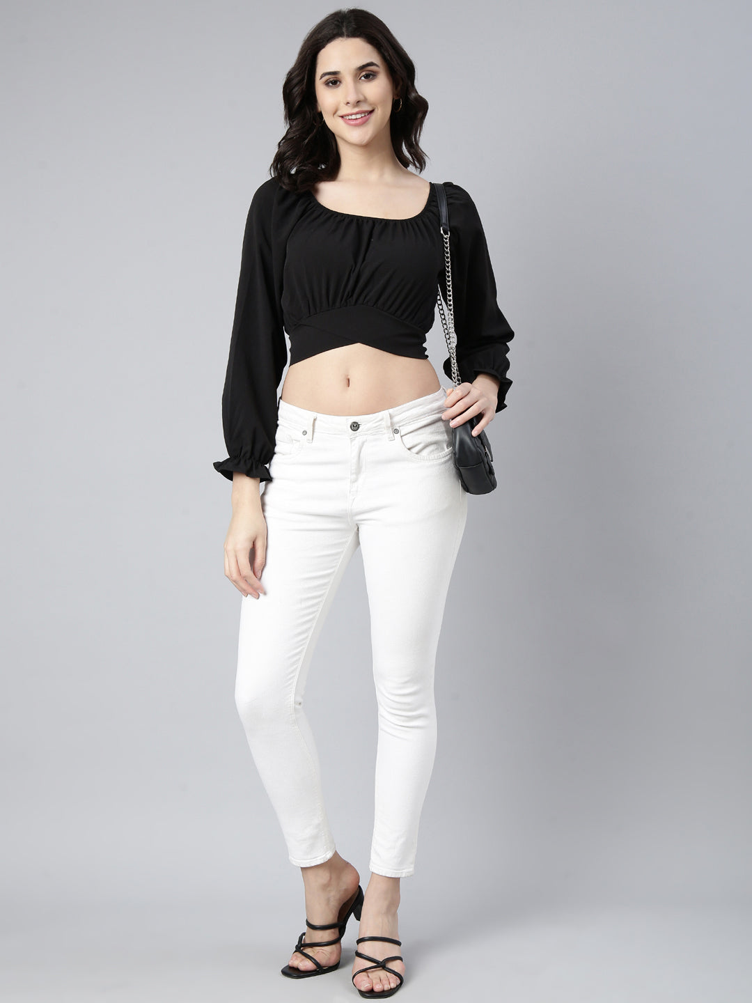 Women Solid Black Blouson Crop Top