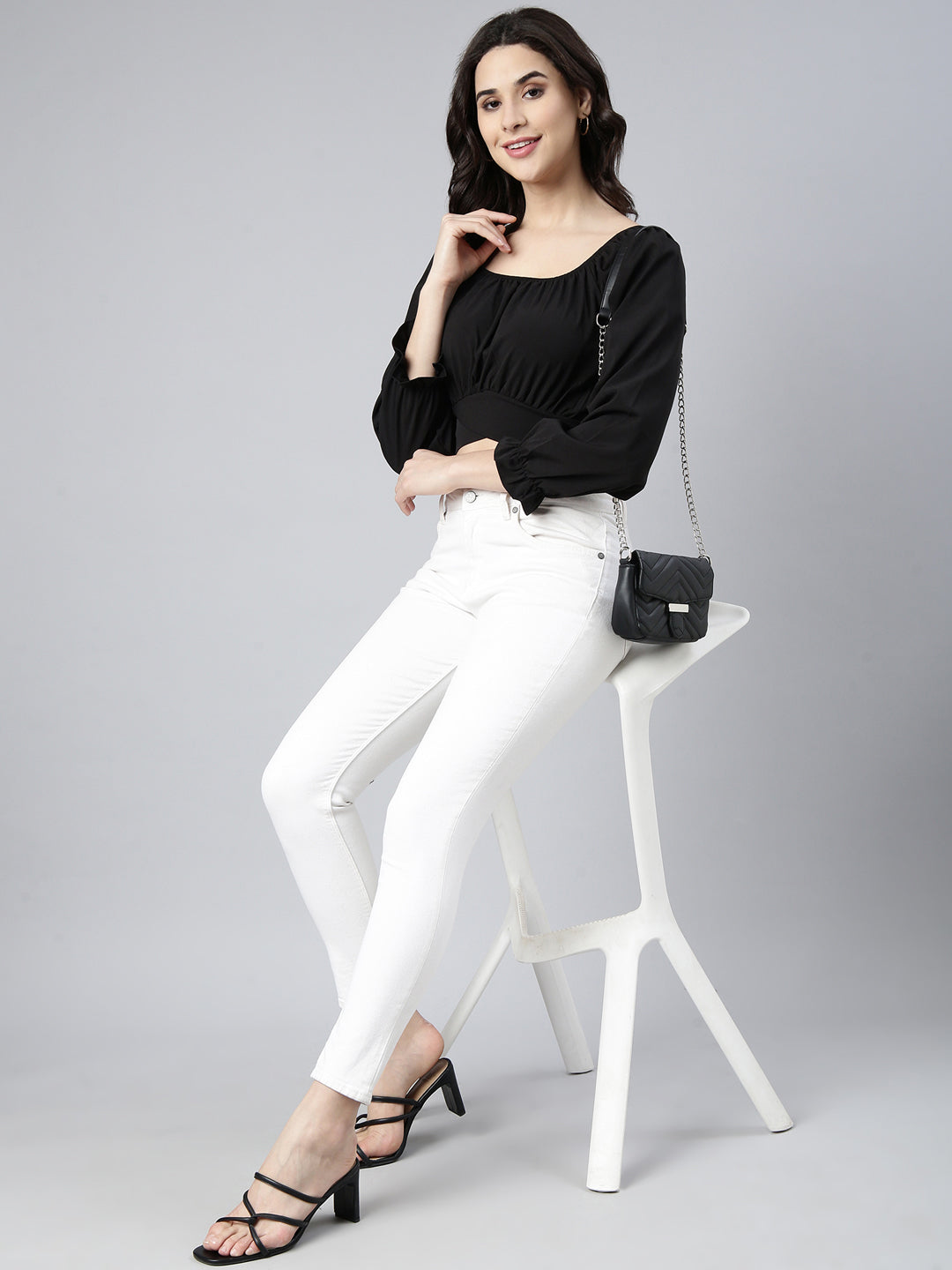 Women Solid Black Blouson Crop Top