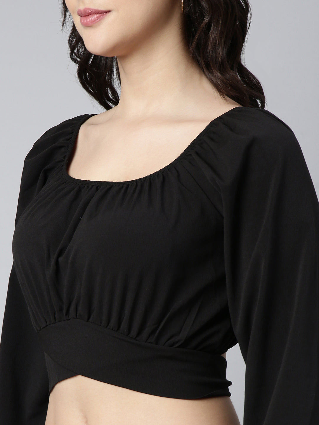 Women Solid Black Blouson Crop Top