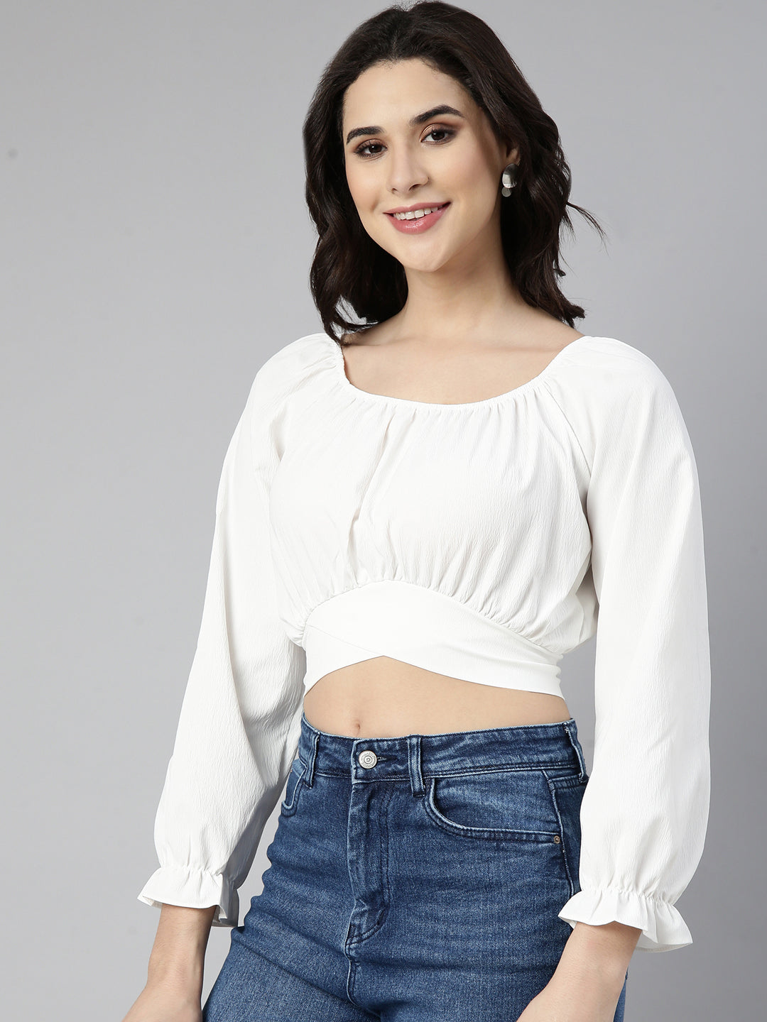 Women Solid Off White Blouson Crop Top