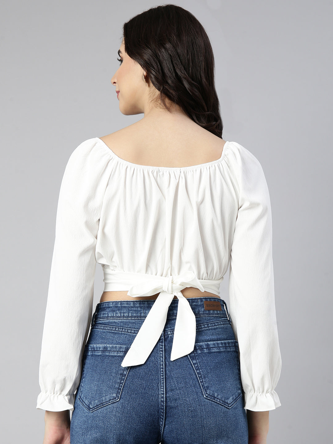 Women Solid Off White Blouson Crop Top