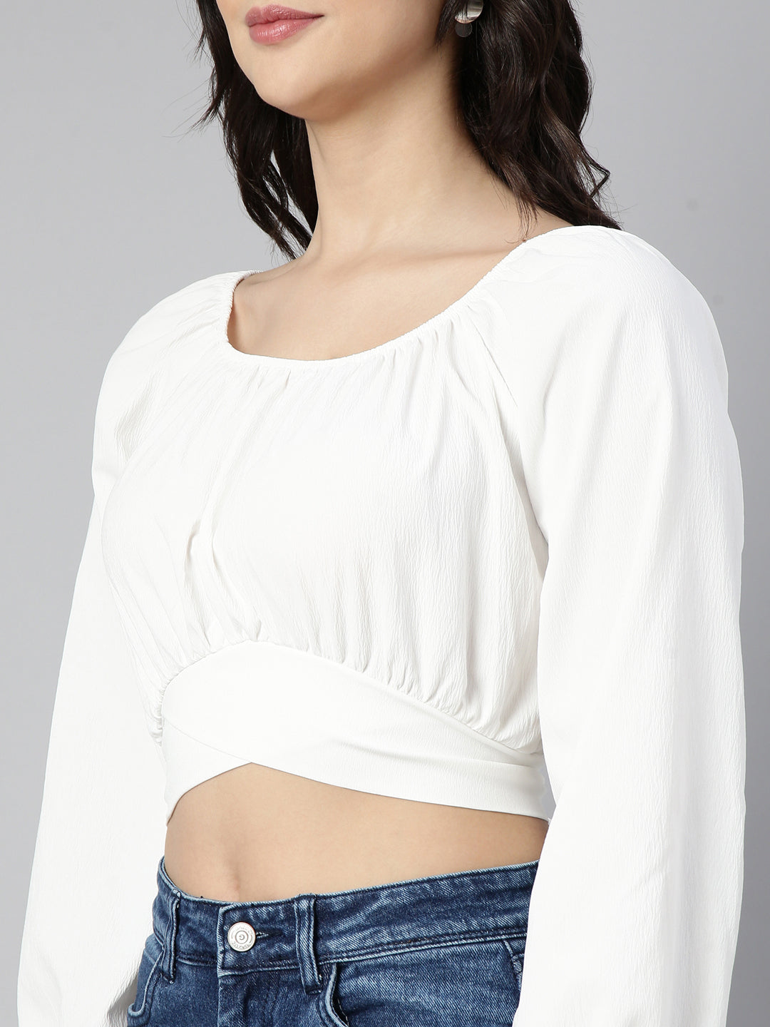 Women Solid Off White Blouson Crop Top