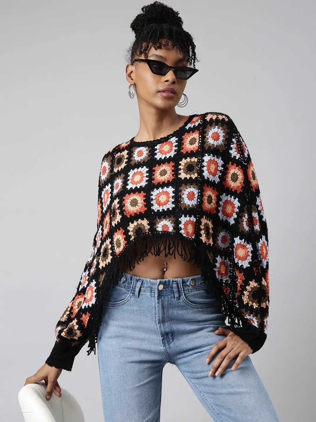 Women's Black Self Design Cape Crop Crochet Top